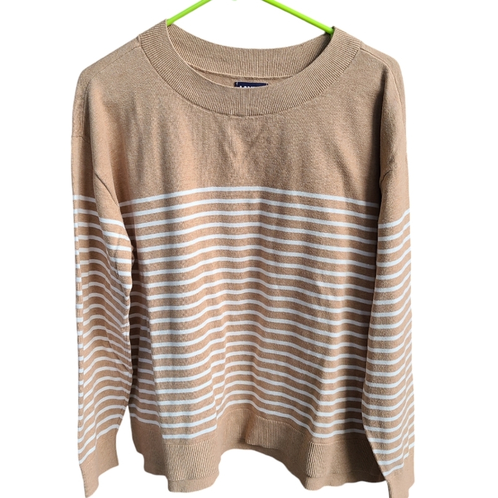 Land's End Striped tan white sweater‎ size Large euc NEUTRAL